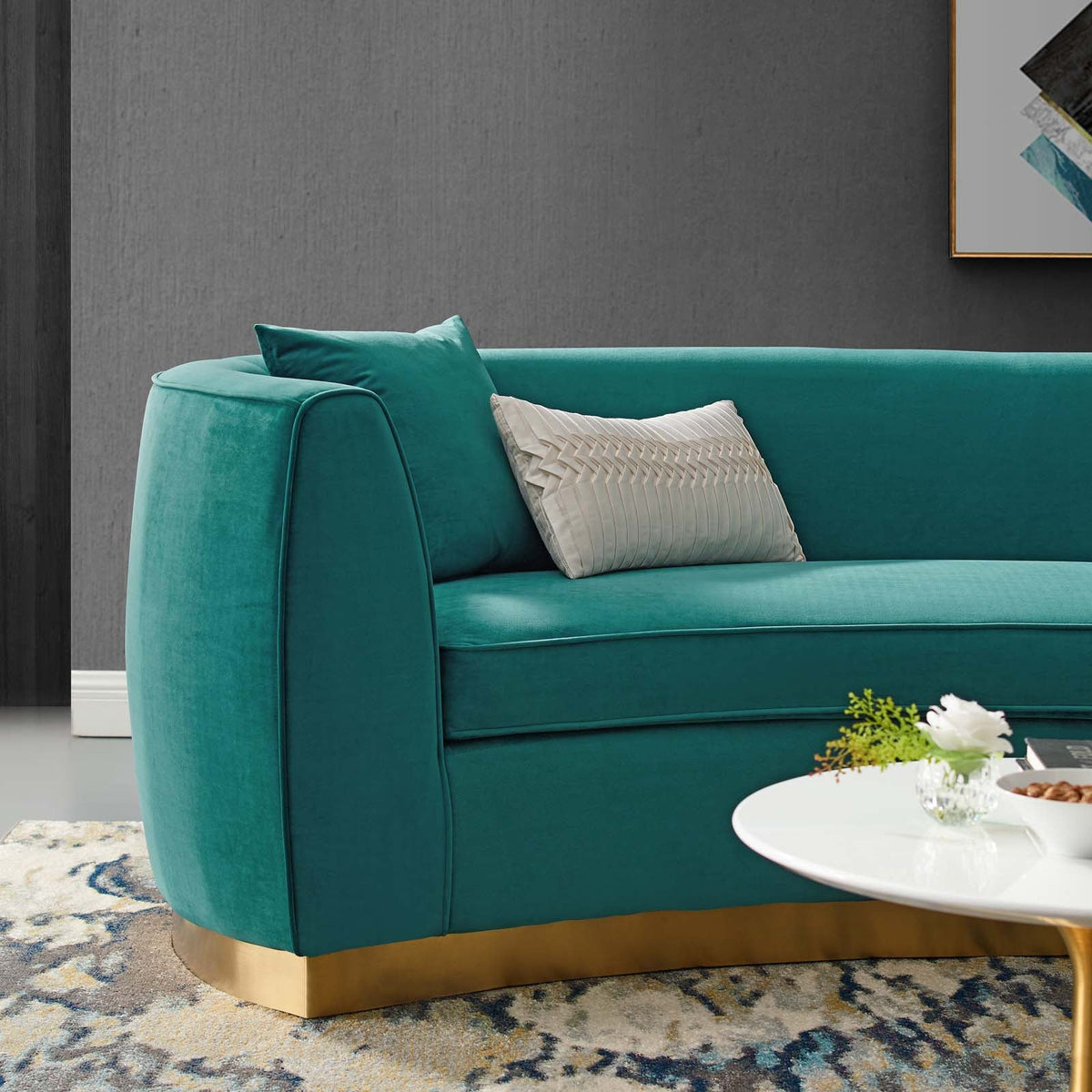 Resolute Teal Curved Performance Velvet Sofa - Ornate Home
