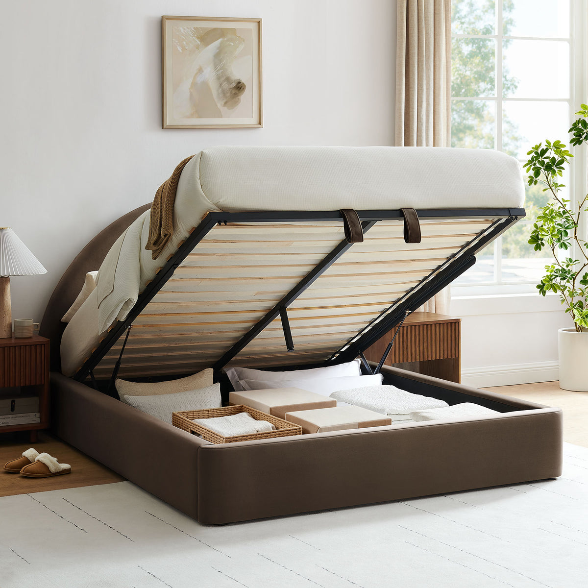Resort Chocolate Brown King Arched Performance Velvet Storage Platform Bed Frame - Ornate Home