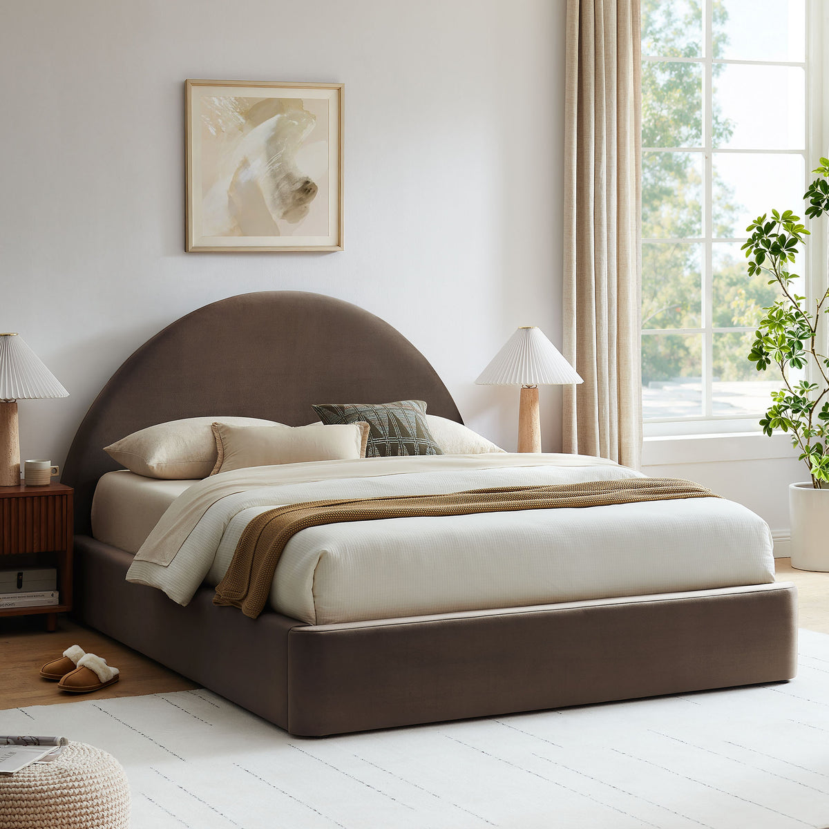 Resort Chocolate Brown King Arched Performance Velvet Storage Platform Bed Frame - Ornate Home