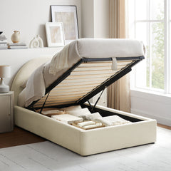 Resort Ecru Twin Arched Upholstered Fabric Storage Platform Bed Frame - Ornate Home