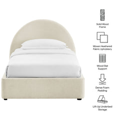 Resort Ecru Twin Arched Upholstered Fabric Storage Platform Bed Frame - Ornate Home