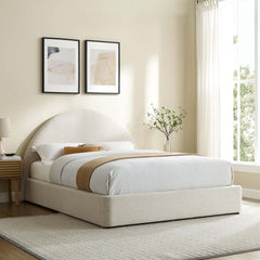 Resort Heathered Weave Ivory Upholstered Fabric Arched Round King Platform Bed - Ornate Home