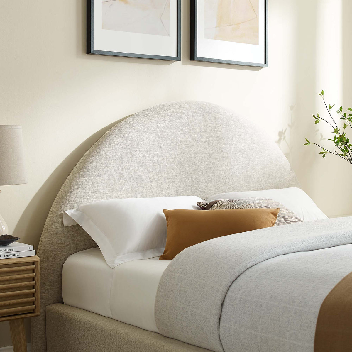 Resort Heathered Weave Ivory Upholstered Fabric Arched Round King Platform Bed - Ornate Home