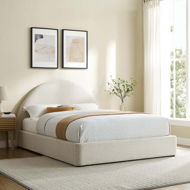 Resort Heathered Weave Ivory Upholstered Fabric Arched Round Queen Platform Bed - Ornate Home
