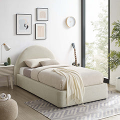 Resort Heathered Weave Ivory Upholstered Fabric Arched Round Twin Platform Bed - Ornate Home