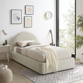 Resort Heathered Weave Ivory Upholstered Fabric Arched Round Twin Platform Bed - Ornate Home
