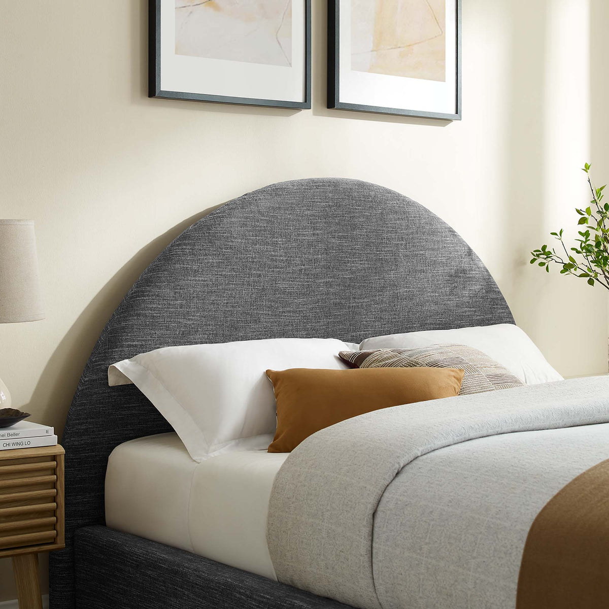 Resort Heathered Weave Slate Upholstered Fabric Arched Round King Platform Bed - Ornate Home