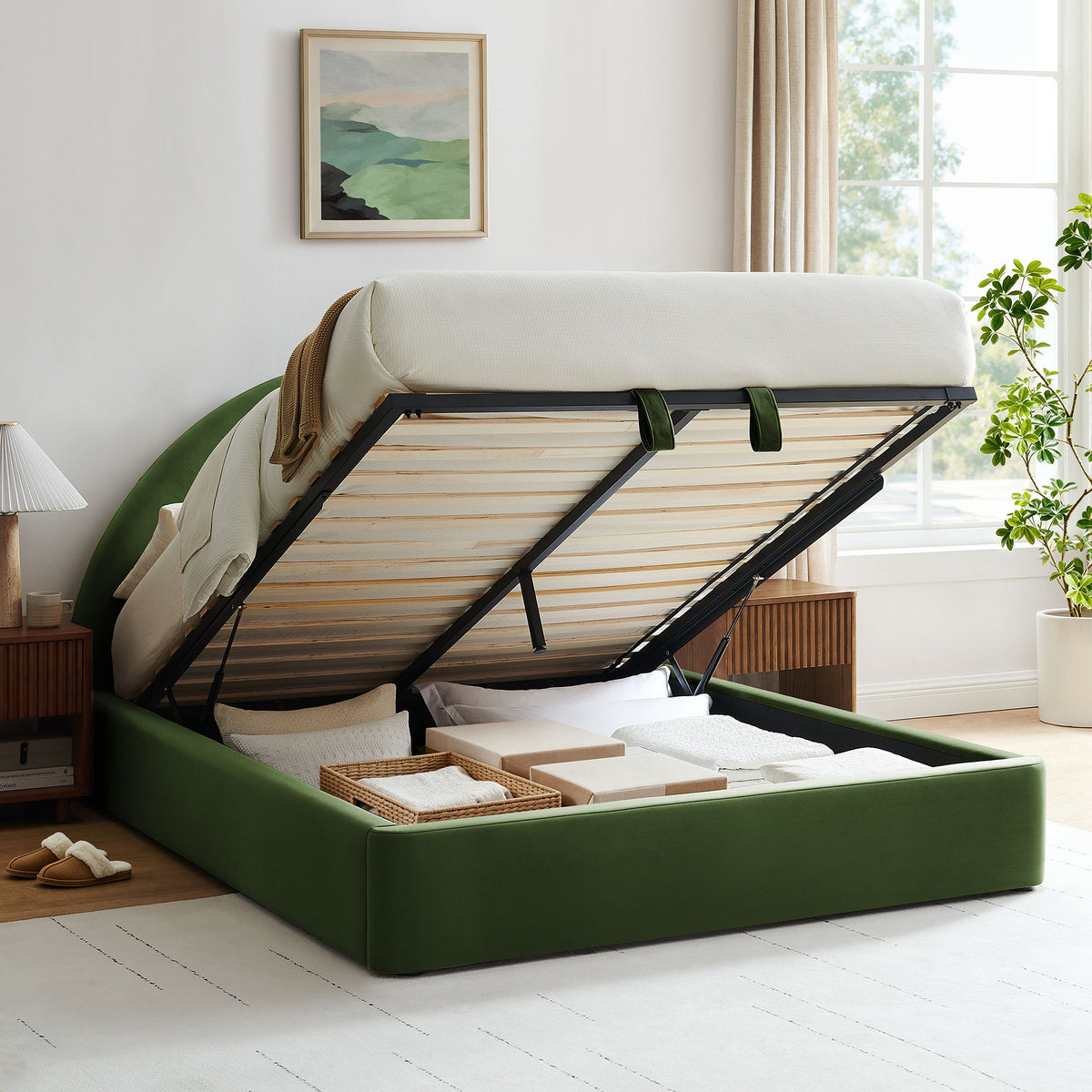 Resort Moss Green King Arched Performance Velvet Storage Platform Bed Frame - Ornate Home