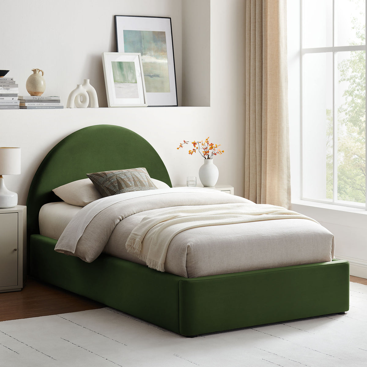 Resort Moss Green Twin Arched Performance Velvet Storage Platform Bed Frame - Ornate Home