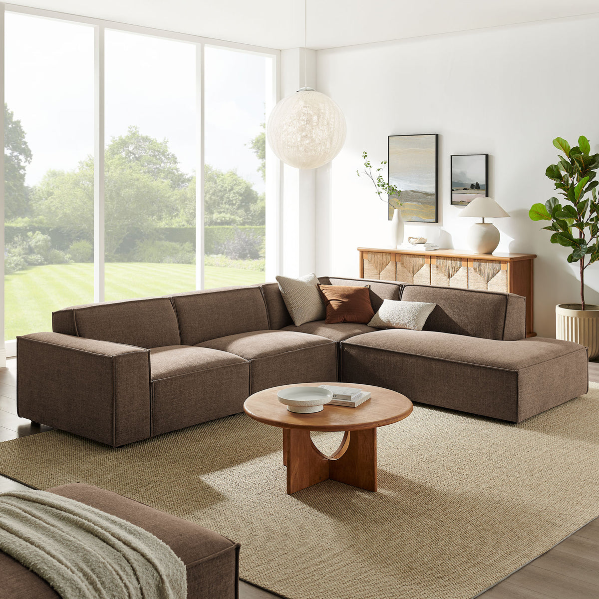 Restore Mocha 4-Piece Performance Fabric Upholstered Modular L-Shaped Sofa - 96.5x117.3x28" - Ornate Home