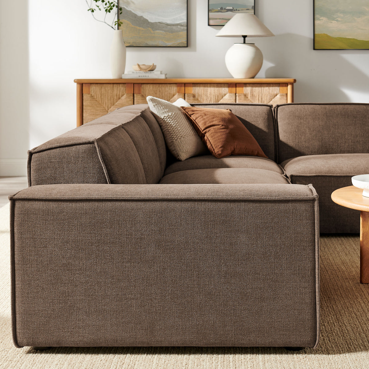 Restore Mocha 4-Piece Performance Fabric Upholstered Modular L-Shaped Sofa - 96.5x117.3x28" - Ornate Home