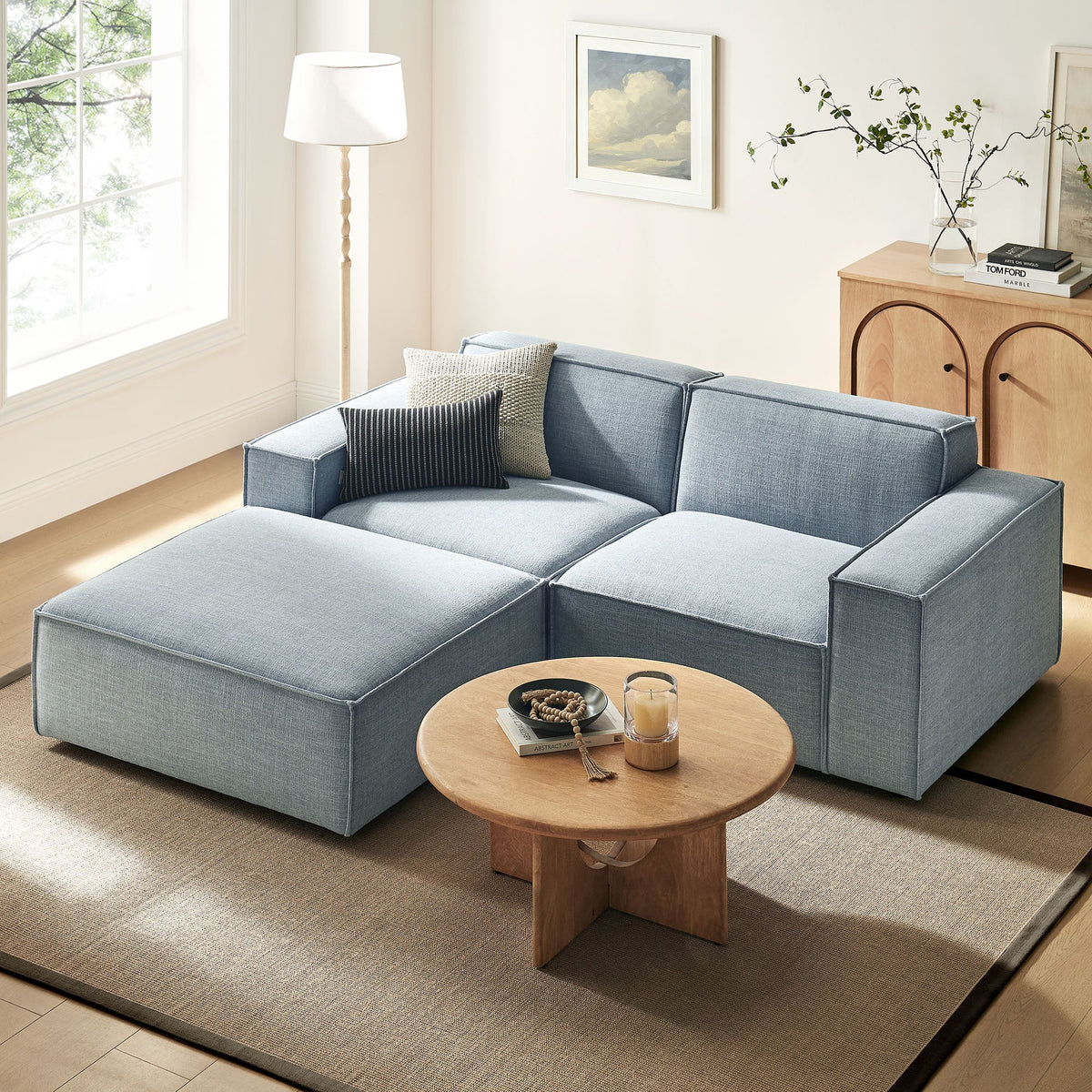 Restore Sky 3-Piece Performance Fabric Upholstered Modular Loveseat with Ottoman - Ornate Home