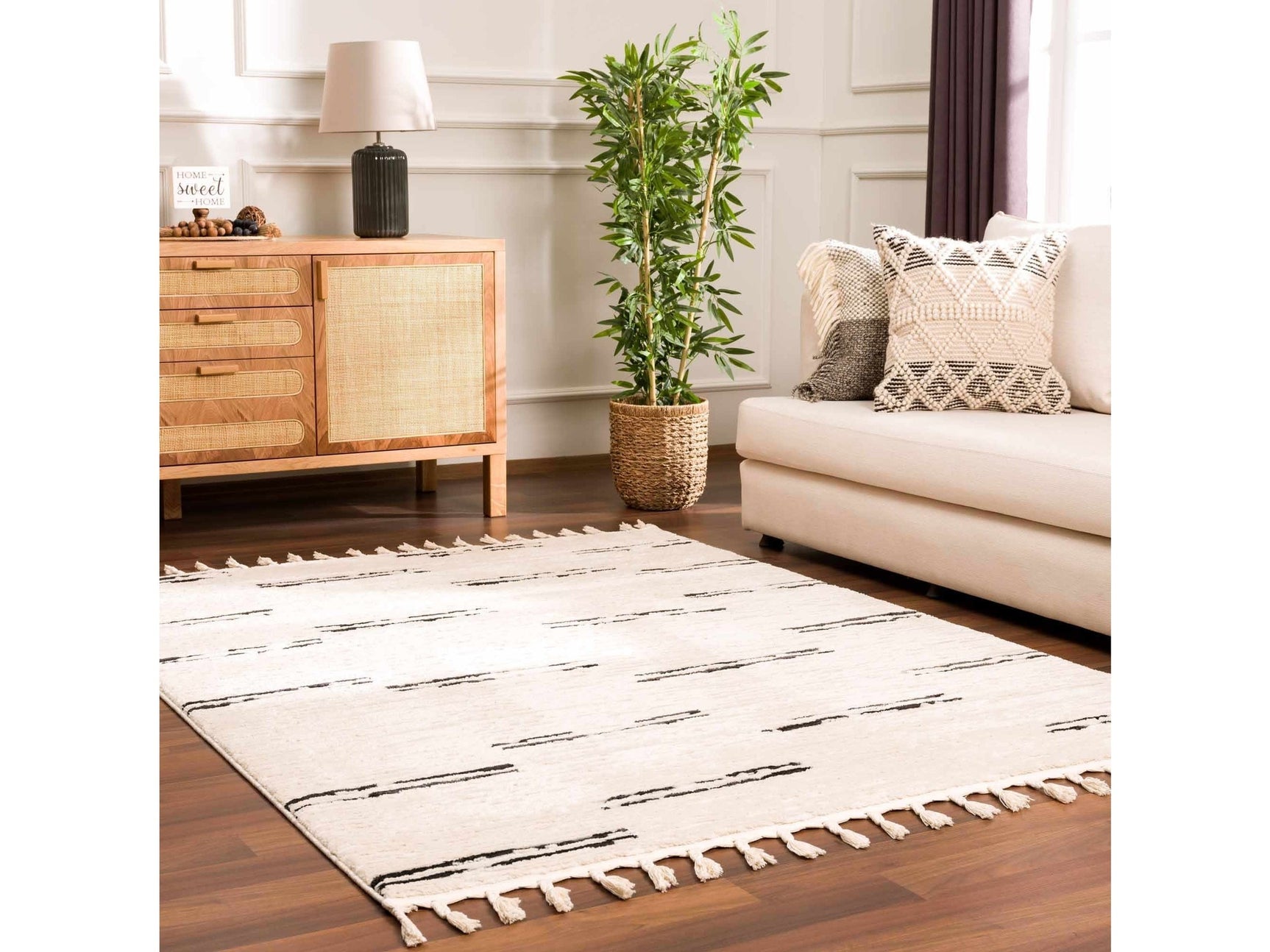 Riad Black Striped White Area Rug with tassels - Ornate Home