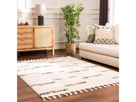 Riad Black Striped White Area Rug with tassels - Ornate Home