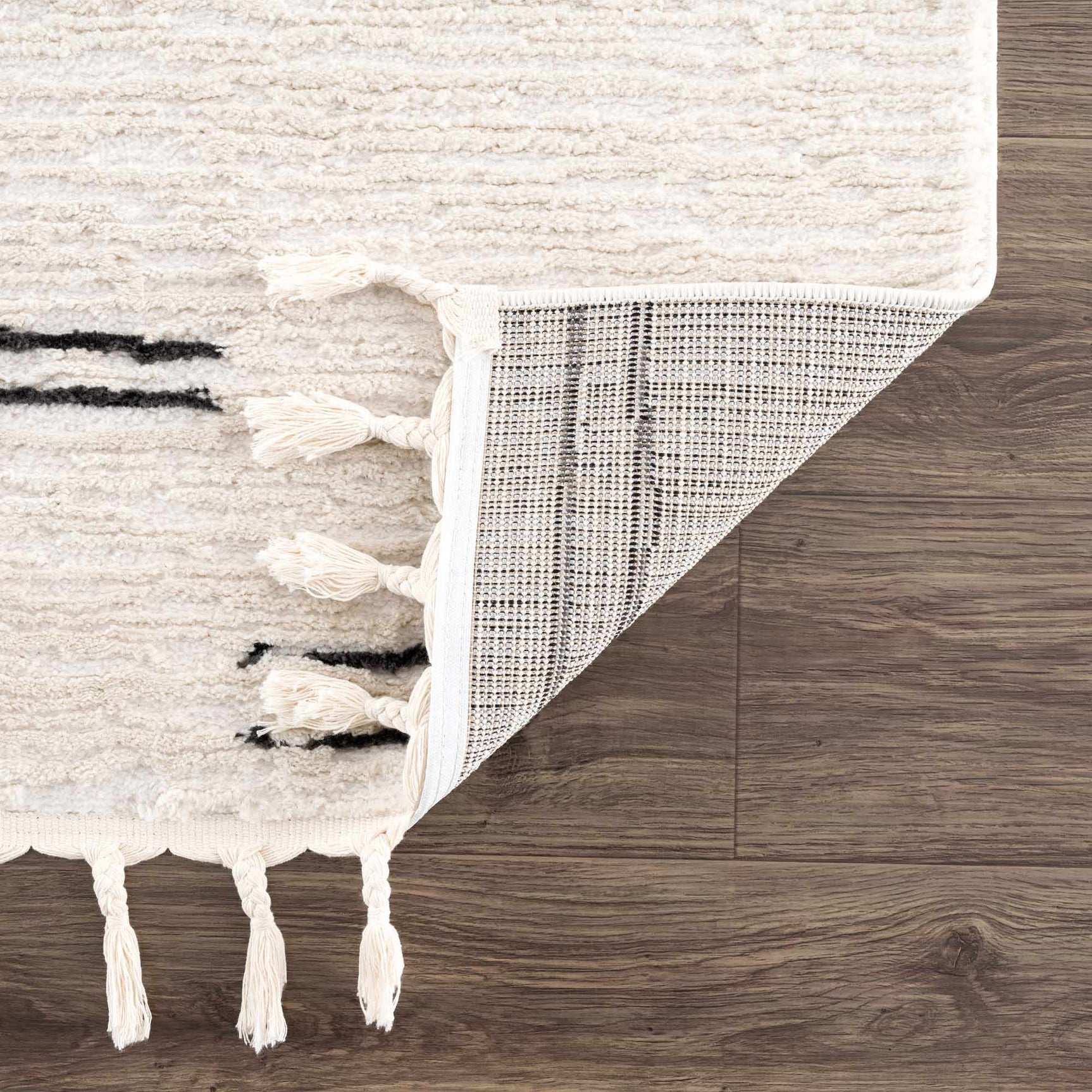 Riad Black Striped White Area Rug with tassels - Ornate Home