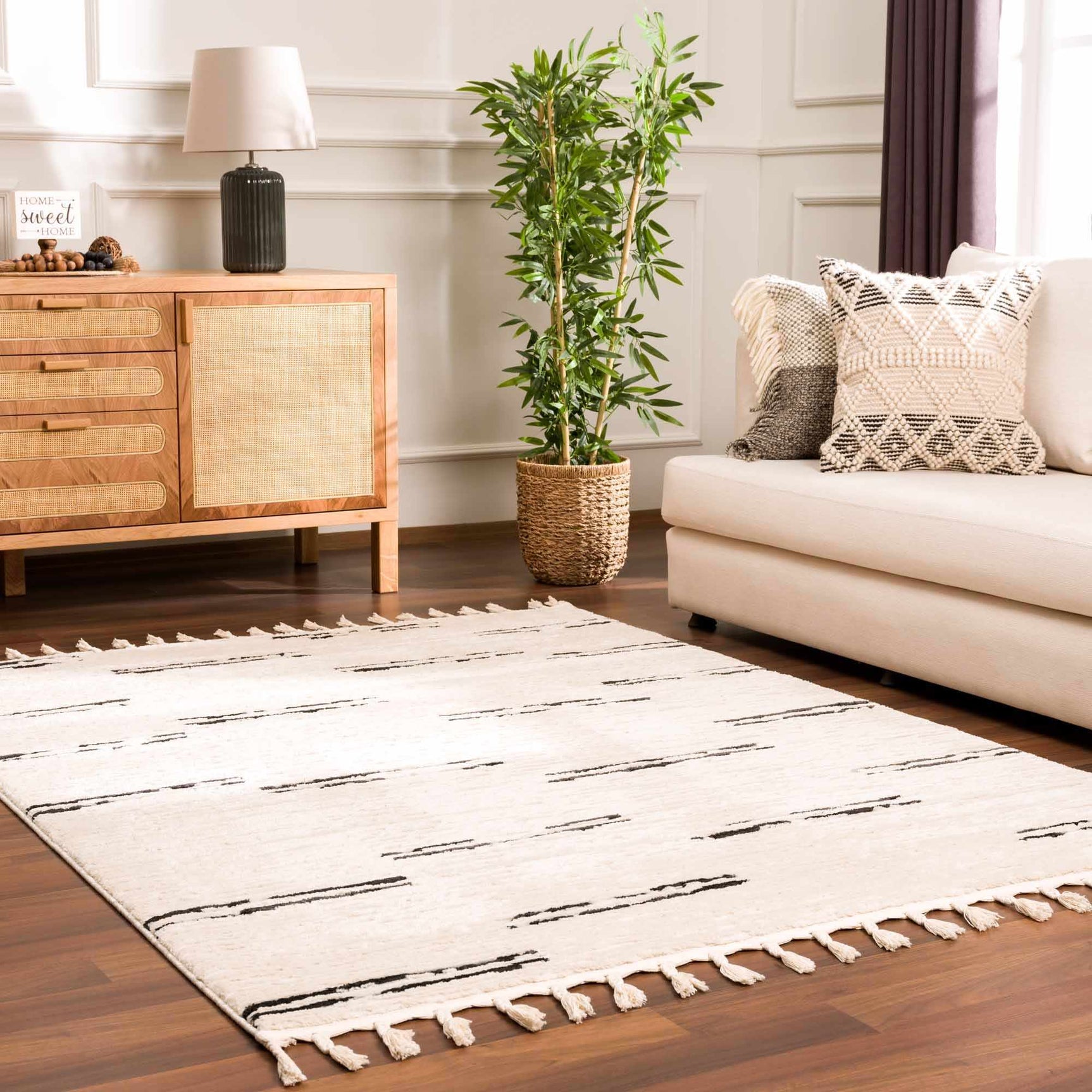 Riad Black Striped White Rug with Tassels - Ornate Home