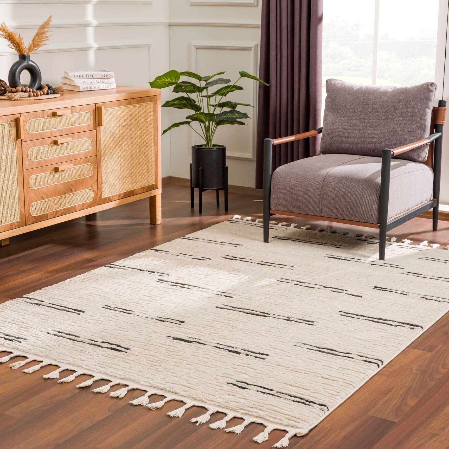 Riad Black Striped White Rug with Tassels - Ornate Home