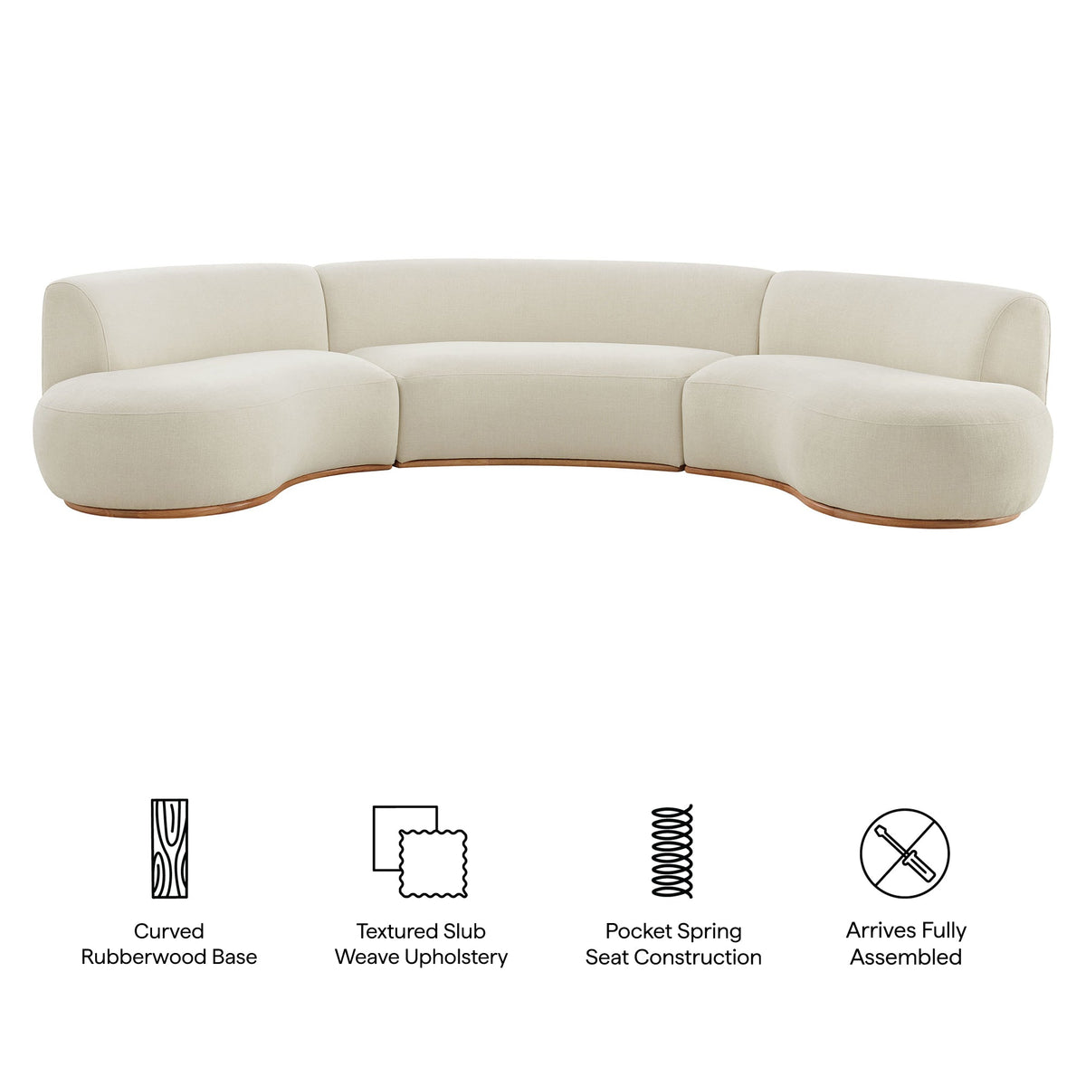 Rialta Ecru 3 Piece Curved Slub Weave Fabric Sectional Sofa
