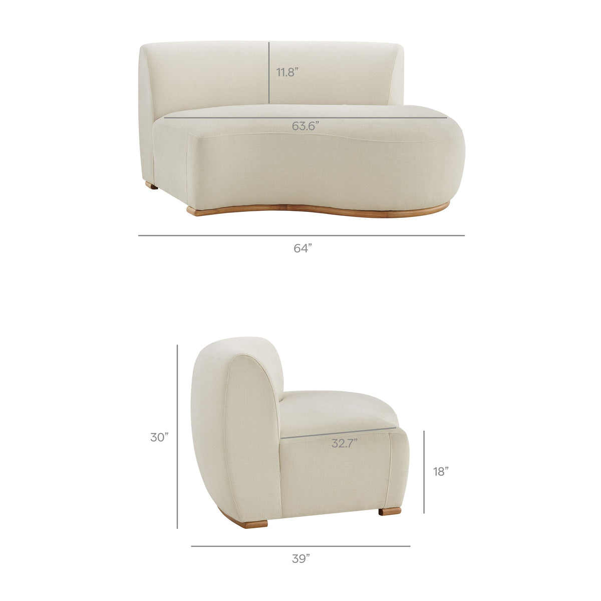 Rialta Ecru 3 Piece Curved Slub Weave Fabric Sectional Sofa