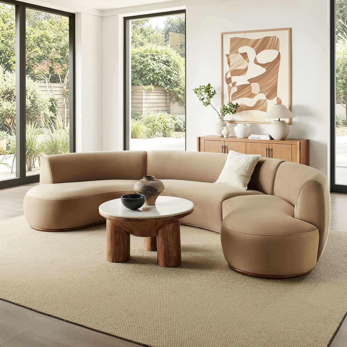 Rialta Taupe 3 Piece Curved Performance Velvet Sectional Sofa - Ornate Home