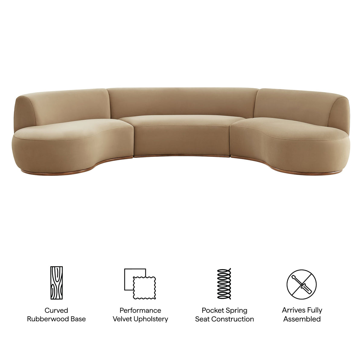 Rialta Taupe 3 Piece Curved Performance Velvet Sectional Sofa - Ornate Home