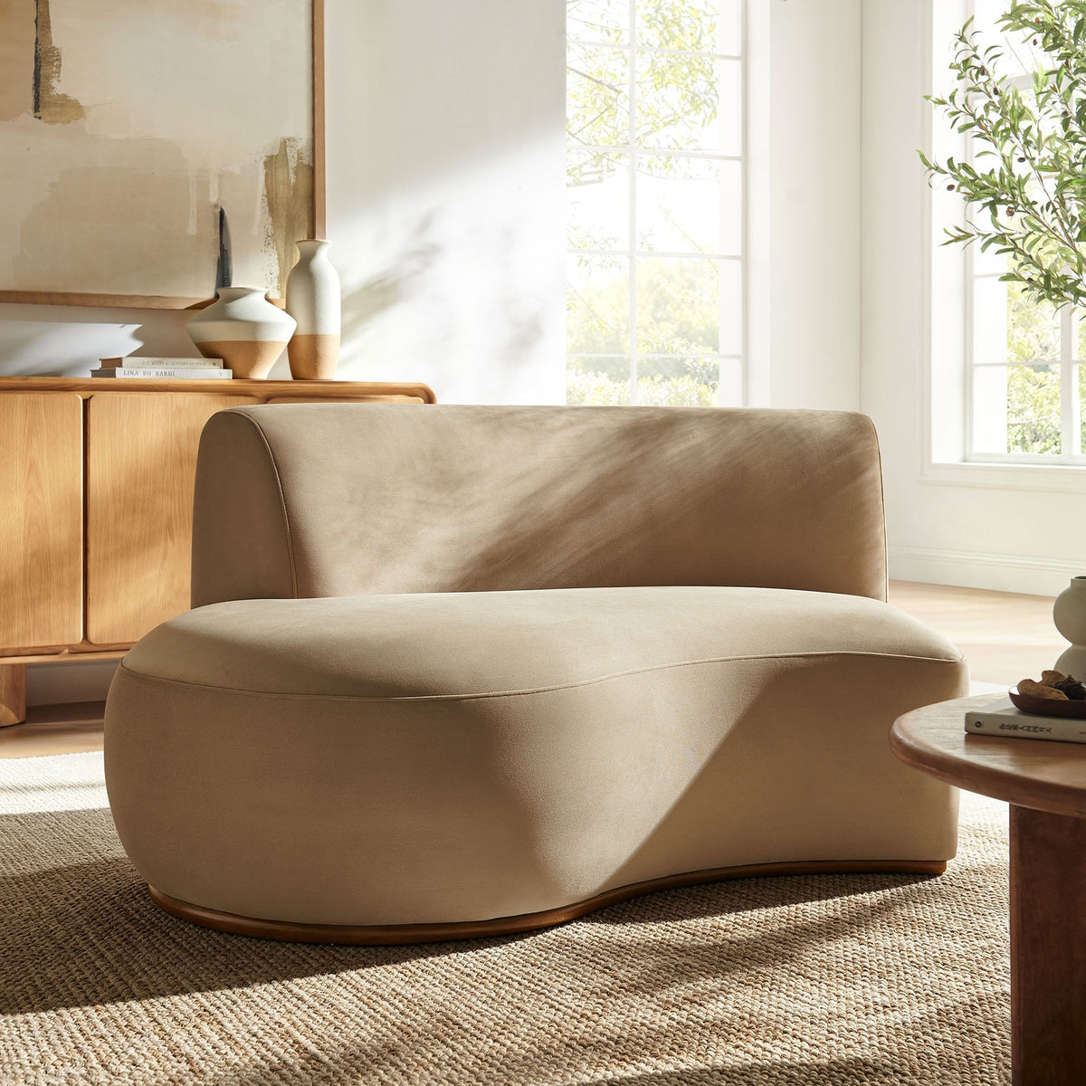 Rialta Taupe Curved Left-Arm Performance Velvet Sectional Loveseat