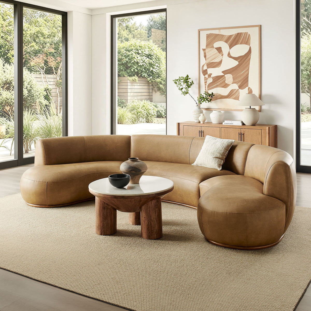 Rialta Toast 3 Piece Curved Vegan Leather Sectional Sofa - Ornate Home