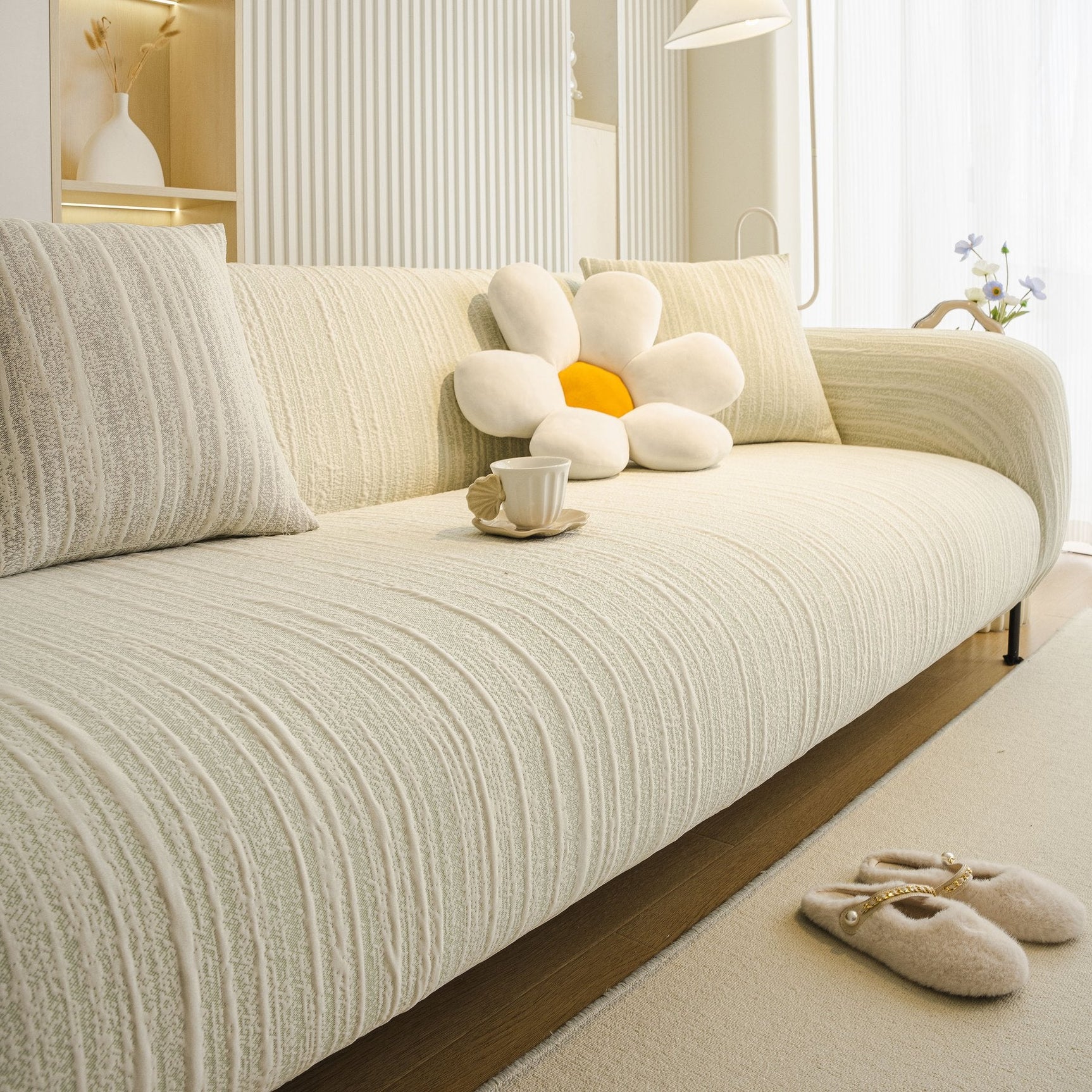 Ribbed Washable Sofa Cover, High Stretch Striped Couch Slipcover with Tie Straps - Ornate Home