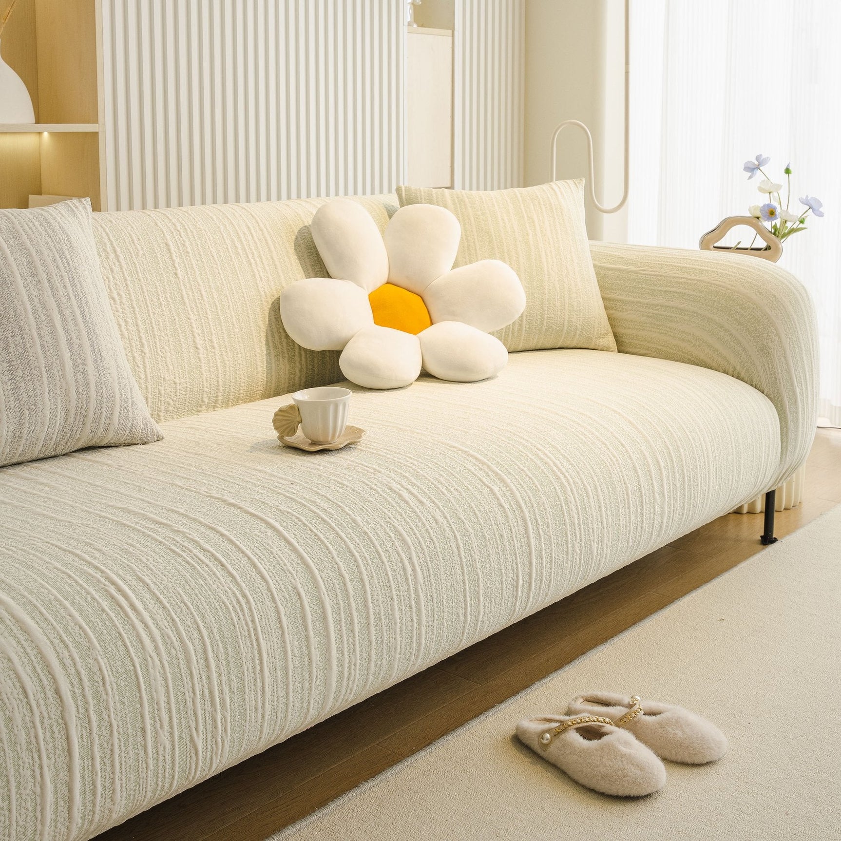Ribbed Washable Sofa Cover, High Stretch Striped Couch Slipcover with Tie Straps - Ornate Home