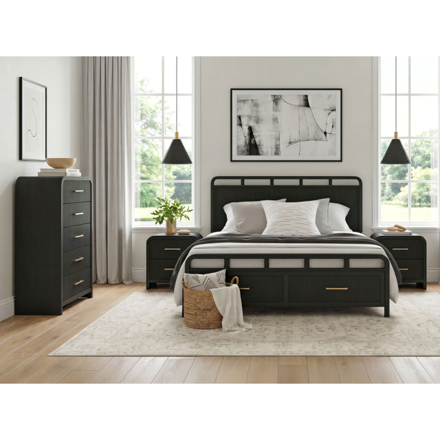 Ridgemont Black 4-Piece Queen Storage Bedroom Set with 2 Nightstands & Chest - Ornate Home