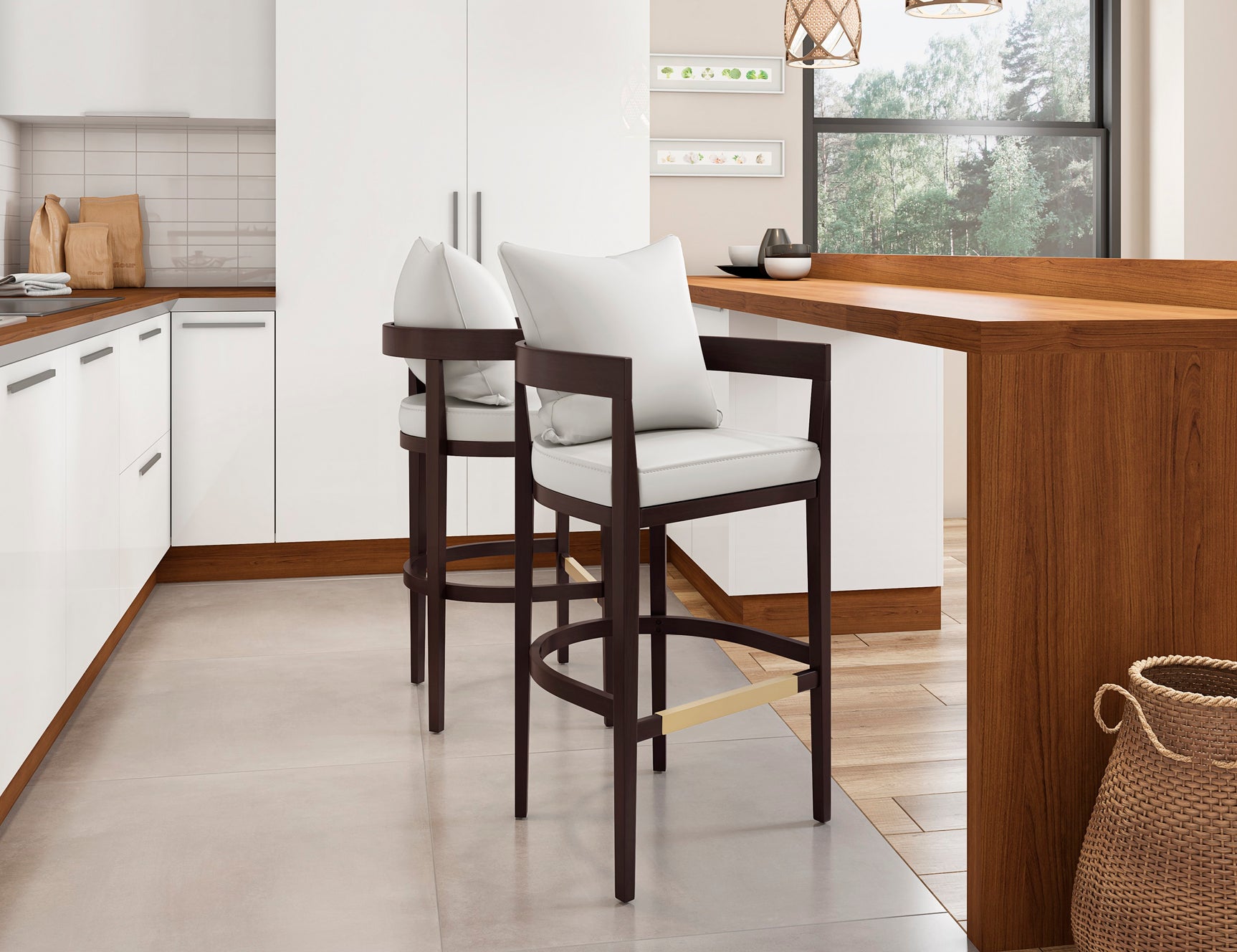 Ritz Barstool in Ivory and Dark Walnut (set of 2) - Ornate Home