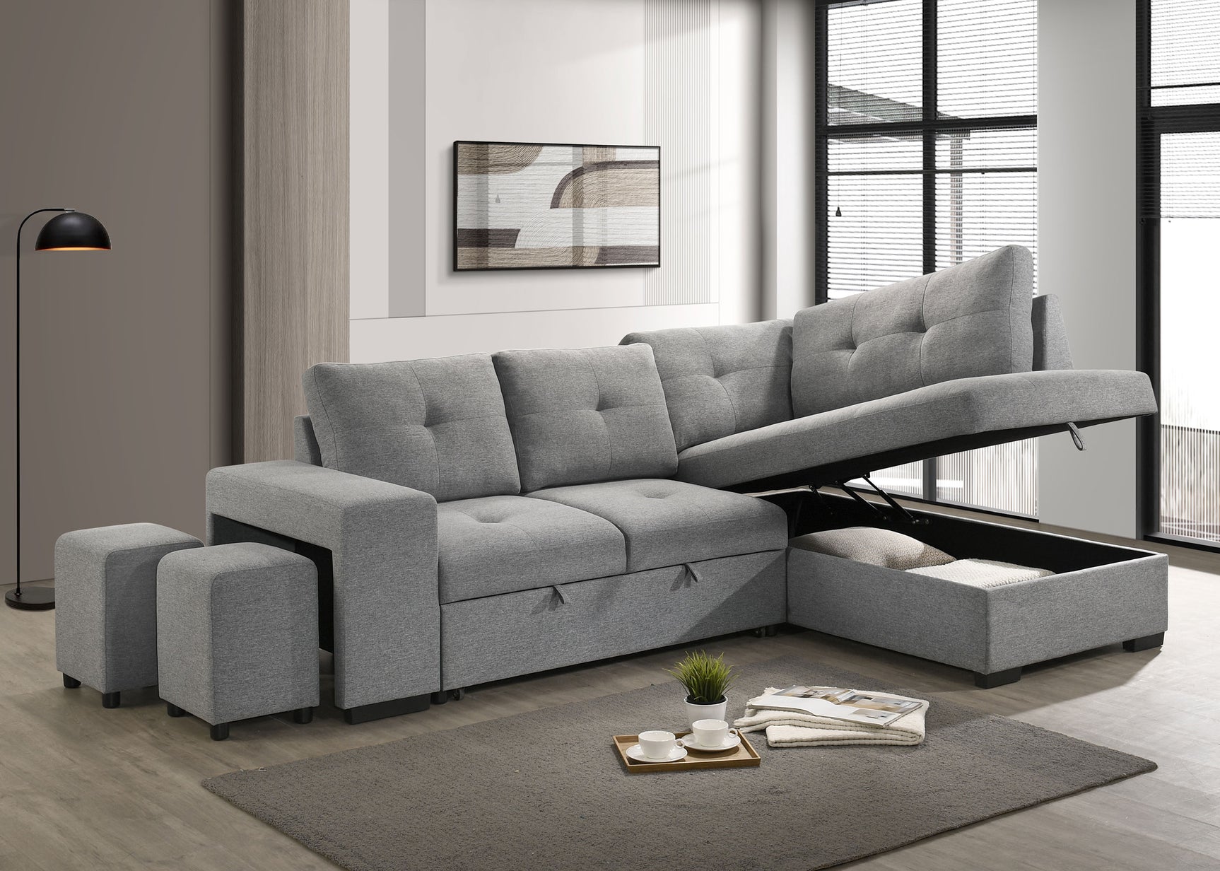 Roanne Grey Fabric Upholstered Sleeper Sectional Sofa - Ornate Home