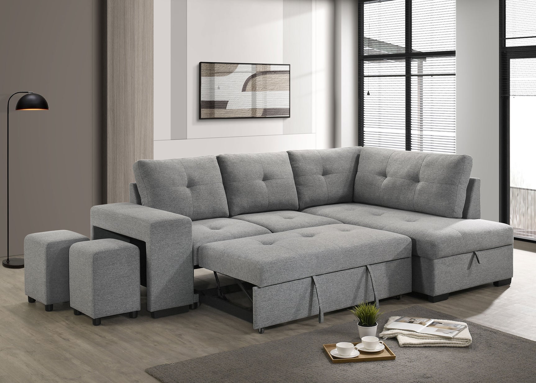 Roanne Grey Fabric Upholstered Sleeper Sectional Sofa - Ornate Home