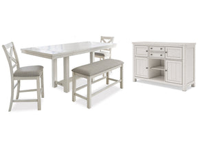 Robbinsdale Antique White Counter Height Dining Table, 2 Barstools, Bench and Server (Online Special Price) - Ornate Home