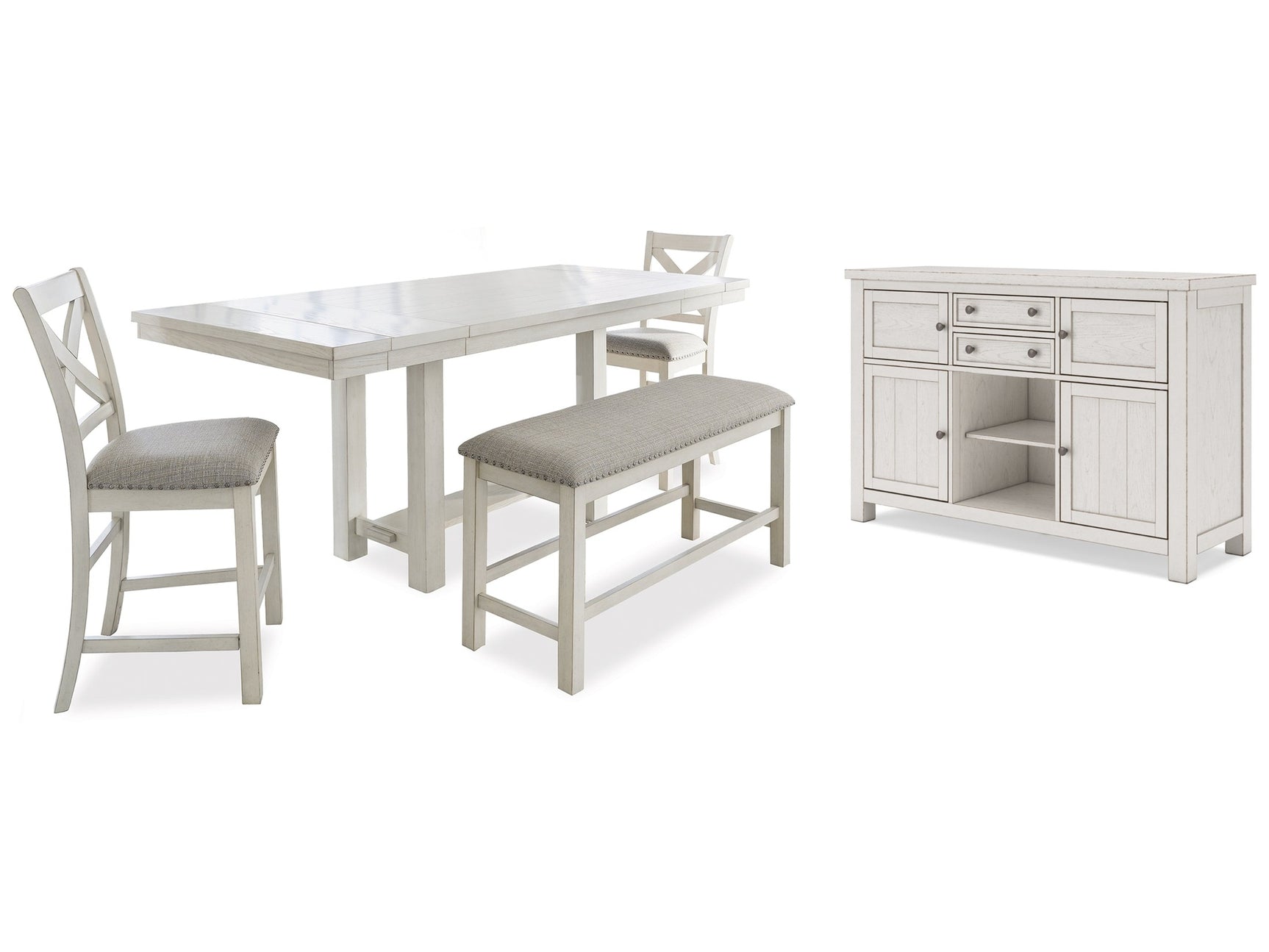 Robbinsdale Antique White Counter Height Dining Table, 2 Barstools, Bench and Server - Ornate Home