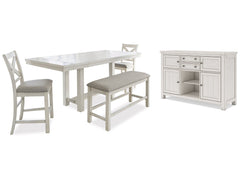 Robbinsdale Antique White Counter Height Dining Table, 2 Barstools, Bench and Server - Ornate Home