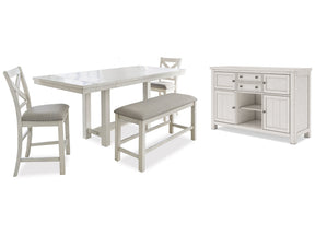 Robbinsdale Antique White Counter Height Dining Table, 2 Barstools, Bench and Server - Ornate Home