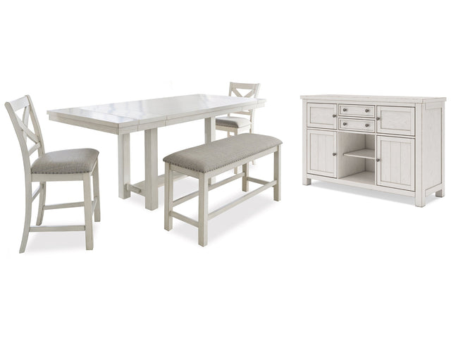 Robbinsdale Antique White Counter Height Dining Table, 2 Barstools, Bench and Server - Ornate Home