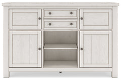 Robbinsdale Antique White Counter Height Dining Table, 2 Barstools, Bench and Server - Ornate Home
