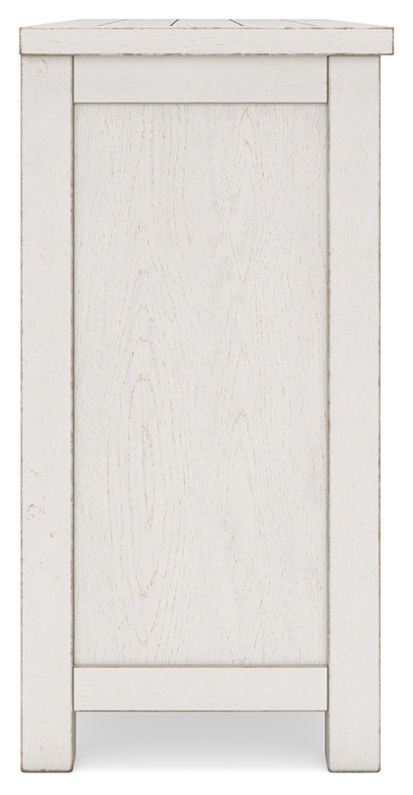 Robbinsdale Antique White Counter Height Dining Table, 2 Barstools, Bench and Server - Ornate Home