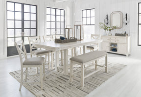 Robbinsdale Antique White Counter Height Dining Table w/4 Barstools & Bench and Server - Ornate Home