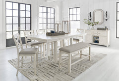 Robbinsdale Antique White Counter Height Dining Table w/4 Barstools & Bench and Server - Ornate Home