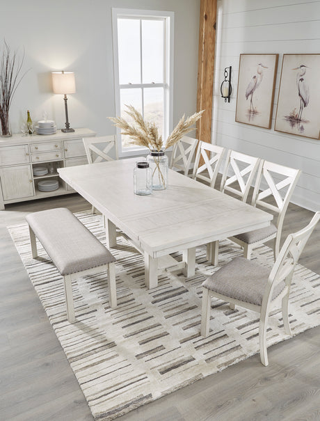 Robbinsdale Antique White Dining Table w/4 Chairs & Bench and Server - Ornate Home