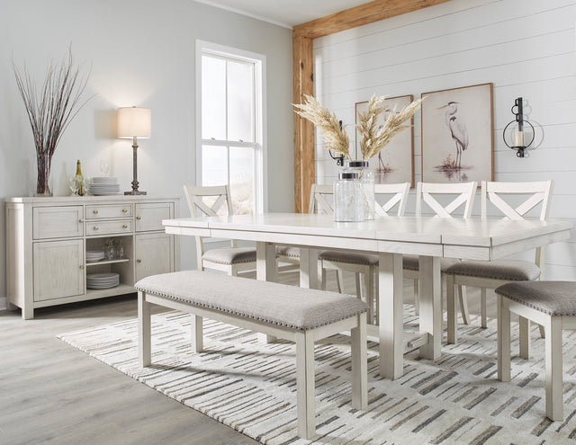 Robbinsdale Antique White Dining Table w/4 Chairs & Bench and Server - Ornate Home