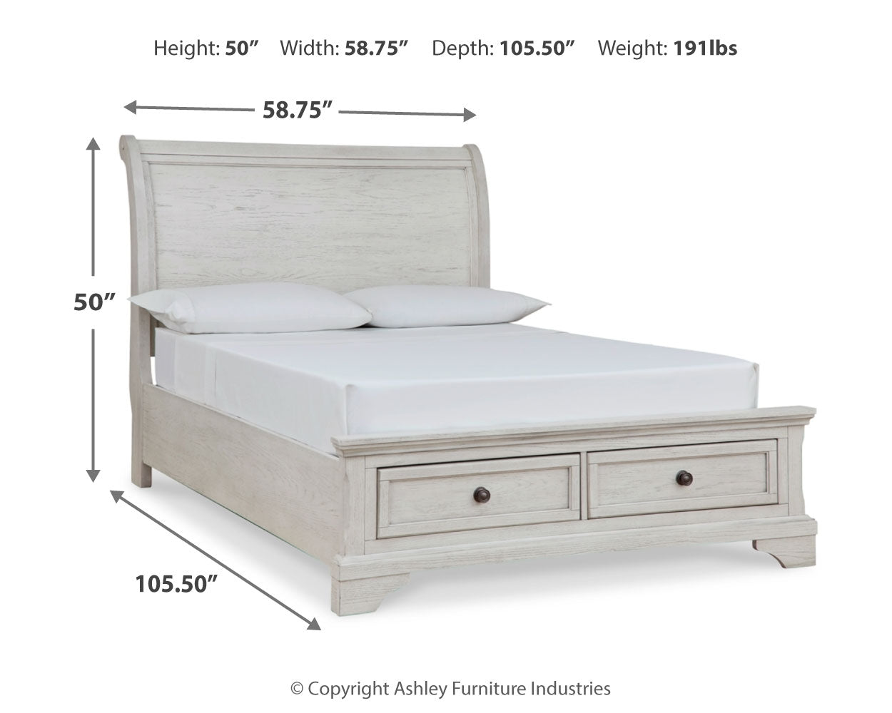 Robbinsdale Antique White Full Sleigh Storage Bed, Chest and Nightstand - Ornate Home