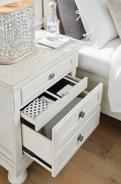Robbinsdale Antique White Full Sleigh Storage Bed, Chest and Nightstand - Ornate Home
