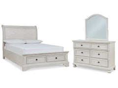 Robbinsdale Antique White Full Sleigh Storage Bed, Dresser and Mirror - Ornate Home