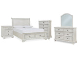 Robbinsdale Antique White Full Storage Sleigh Bedroom Set with Dresser, Mirror, Chest and Nightstand - Ornate Home