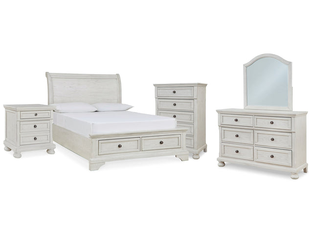 Robbinsdale Antique White Full Storage Sleigh Bedroom Set with Dresser, Mirror, Chest and Nightstand - Ornate Home