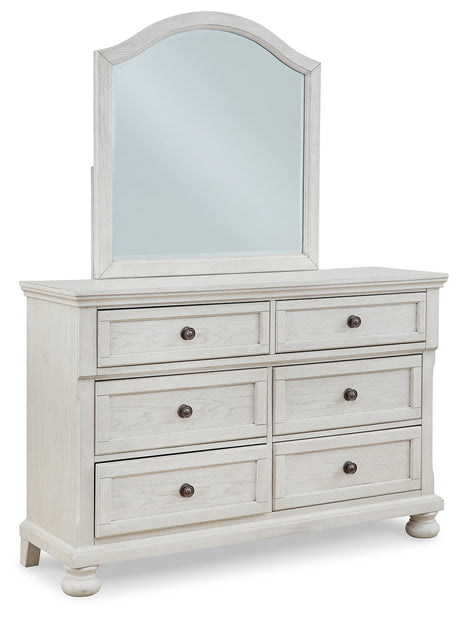 Robbinsdale Antique White Full Storage Sleigh Bedroom Set with Dresser, Mirror, Chest and Nightstand - Ornate Home
